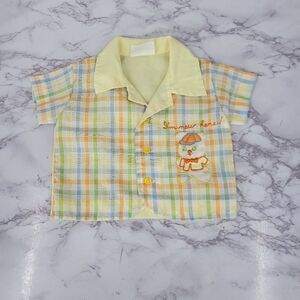 Vintage Newborn Button Down Shirt Yellow Plaid Embroidered Bear